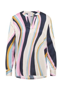 Langærmet bluse med V-hals, lavet af glat stof med multikolorede bølgemønstre i marineblå, pink, gul og lyseblå.