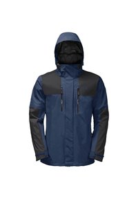 Granatowa wodoodporna kurtka z szarymi akcentami, z odpinanym kapturem, zamykanymi na zamek kieszeniami i prostym krojem.