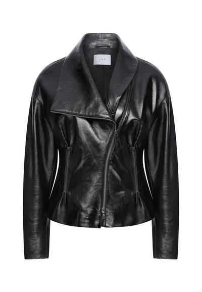Black leather jacket with a large collar, asymmetrical front zipper, and two side zippered pockets. Glossy texture, fitted design.
