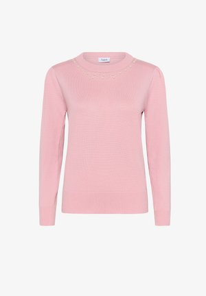 Maglione rosa chiaro con maniche lunghe e scollo rotondo, con perline decorative lungo il colletto e orlo e polsini a costine.