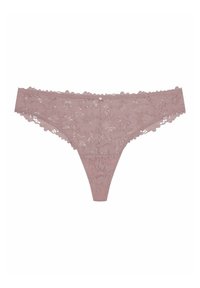 Lace thong in soft pink, featuring floral patterns, scalloped edges, and a small decorative accent at the center front.