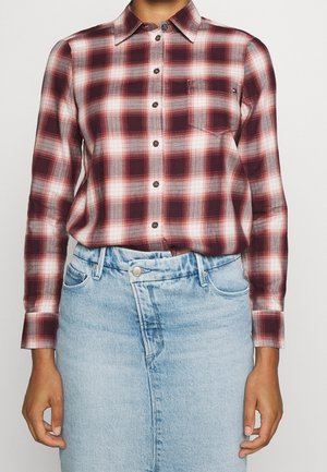 Person wearing a red and white plaid button-up shirt tucked into a light blue denim skirt with a front button and zipper.