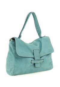 Borsa a tracolla in morbida pelle turchese con chiusura a patta e tracolla regolabile, caratterizzata da dettagli di cucitura a vista.