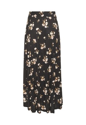 Black midi skirt with white and light pink floral pattern, elastic waistband, and flowy fabric.