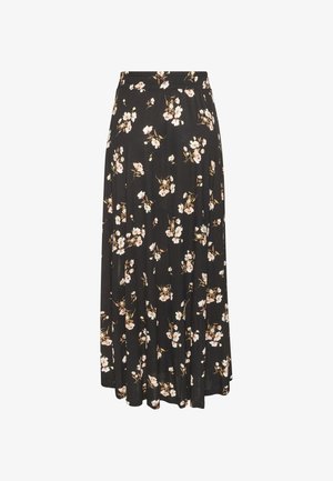 Black midi skirt with white and light pink floral pattern, elastic waistband, and flowy fabric.