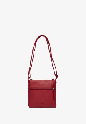 Red leather crossbody bag with a smooth texture, adjustable straps, a top zip closure, and a front zip pocket for additional storage.