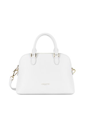Witte lederen handtas van Lancaster Paris met twee handvatten, afneembare schouderriem, gouden beslag en ritssluiting.