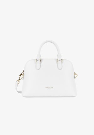 Borsa Lancaster Paris in pelle bianca con doppio manico, tracolla rimovibile, dettagli in oro e chiusura con zip.