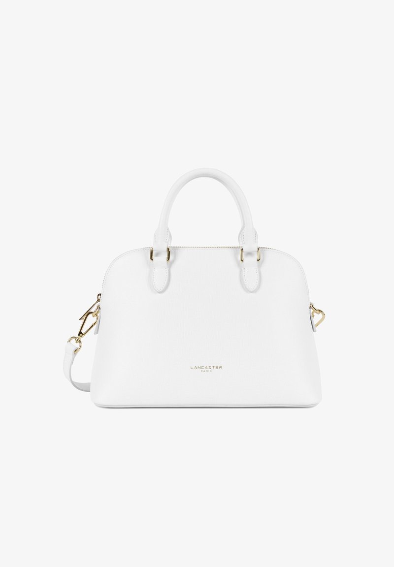 Sac à main Lancaster Paris en cuir blanc avec deux poignées, bandoulière amovible, ferrures dorées et fermeture éclair.