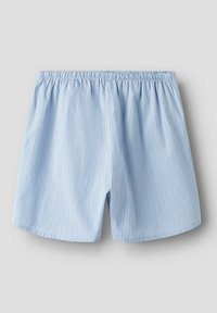 Shorts légers de couleur bleu clair avec des rayures verticales, taille élastique et coupe droite. Texture lisse, sans poches ni embellissements.