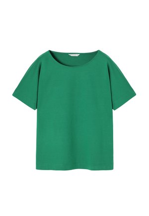 T-shirt vert à manches courtes en coton. Il présente un col rond et une coupe décontractée. Texture lisse sans motifs ou accents visibles.