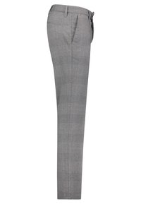 Šedé vzorované kalhoty s úzkým střihem, které mají kostkovanou texturu a jemné detaily, strukturovaný pas a boční kapsy.