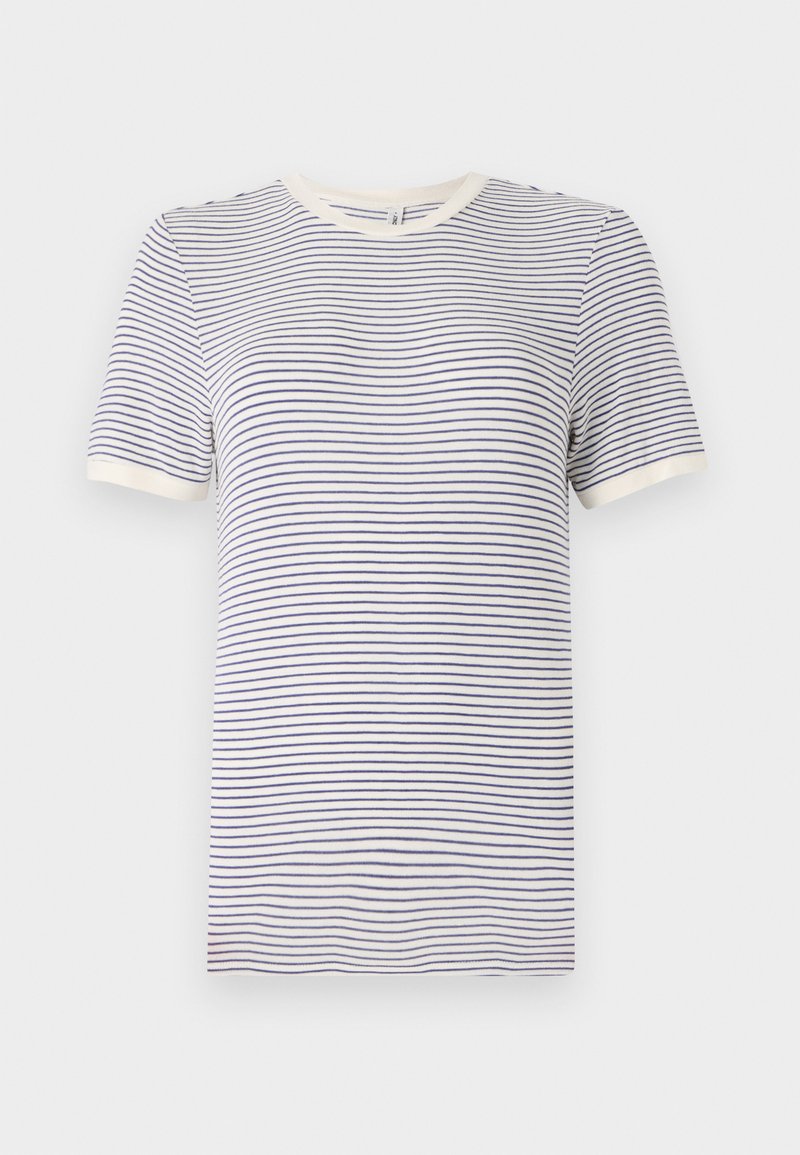 Gestreiftes T-Shirt in Weiß und Marineblau, kurze Ärmel, Rundhalsausschnitt, mit kontrastierendem Kragen und Ärmelabschlüssen. Weiches Baumwollmaterial.