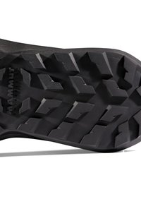 Svart gummiyttersula med ett djupt mönster och vinklade klackar för bra grepp. Texten på sulan säger "Mammut Swiss Design."