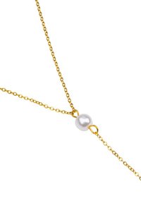 Gold chain necklace featuring a central white pearl. Delicate links, a smooth texture, and a circular clasp accentuate the design.