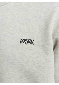Felpa grigia chiaro con una texture morbida; presenta un logo "URBN." stilizzato e nero sul davanti. Design semplice e minimalista.