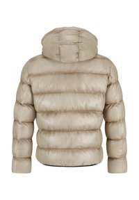 Beige Daunenjacke mit Kapuze, mit horizontal genähten Abschnitten, glatter Textur und elastischen Bündchen. Keine sichtbaren Hardwaredetails.