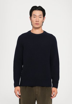 Marineblauer Strickpullover mit gerippter Textur, Rundhalsausschnitt und langen Ärmeln. Verfügt über eine lockere Passform und ein einfaches, einfarbiges Design.