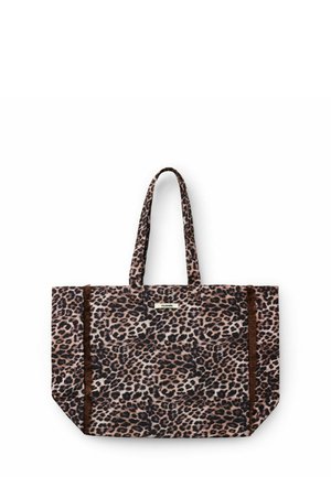 Sac fourre-tout avec motif léopard, deux poignées et bandes de finition verticales marron de chaque côté.