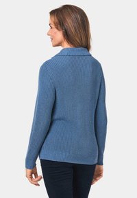 Blauer Strickpullover mit Schalkragen, langen Ärmeln und gerippter Struktur. Über dunklen Hosen getragen, von hinten betrachtet.