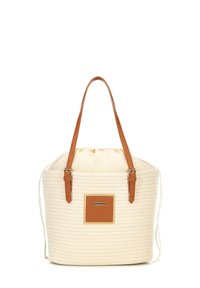 Ivoren geprofileerde tas met een trekkoordsluiting, tan leren accenten en verstelbare schouderbanden. Heeft een rechthoekig merkembleem.