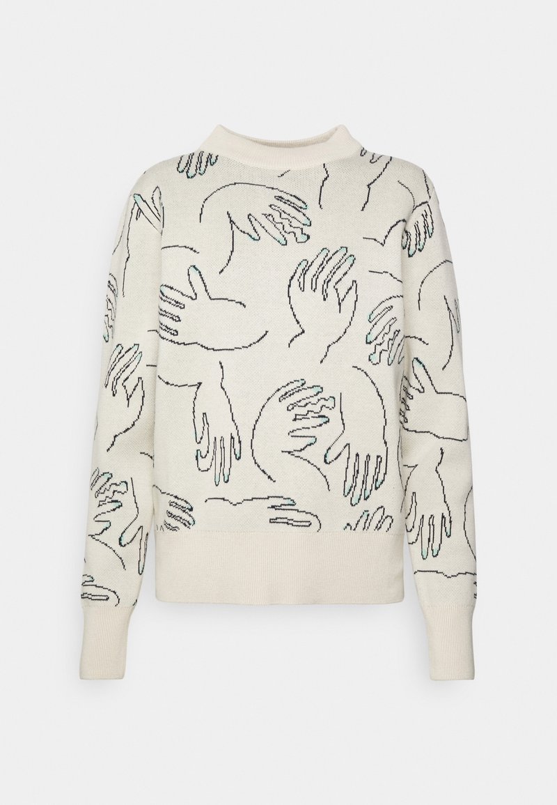 Pull blanc à manches longues avec col montant, avec un motif de mains contours noirs dans différentes positions à l'avant et sur les manches.