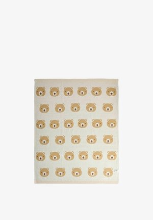 Beige babydeken met een herhalend patroon van eenvoudige kastanjebruine berengezichten in rijen op een lichte achtergrond.