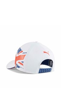 Biała czapka z wzorem flagi Union Jack, z czerwonymi i niebieskimi akcentami. Wykonana z materiału, z wygiętym daszkiem i regulowanym paskiem z tyłu.