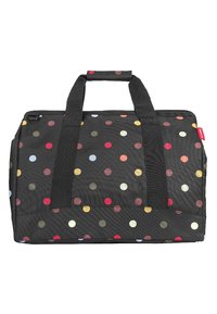 Schwarze Stofftasche mit roten, gelben und blauen Punkten. Verfügt über zwei robuste Griffe und einen Reißverschluss. Rechteckige Form.