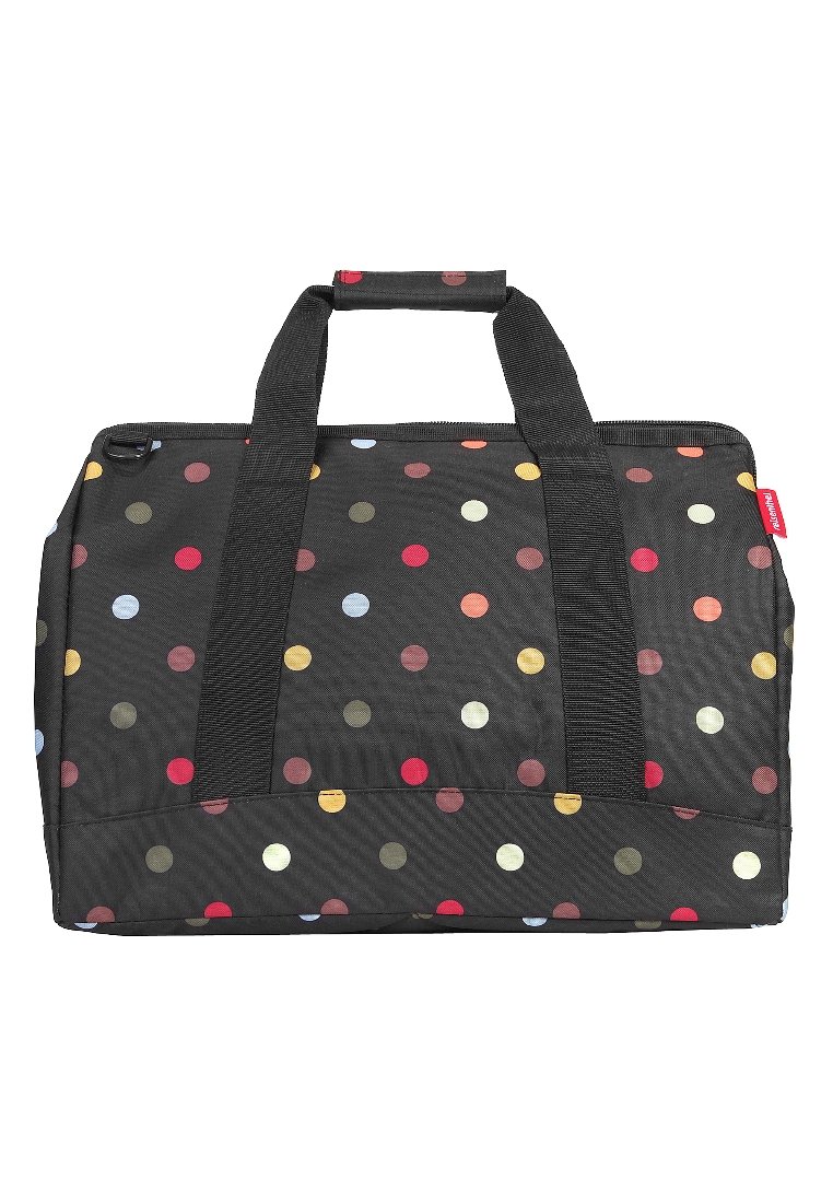 Schwarze Stofftasche mit roten, gelben und blauen Punkten. Verfügt über zwei robuste Griffe und einen Reißverschluss. Rechteckige Form.