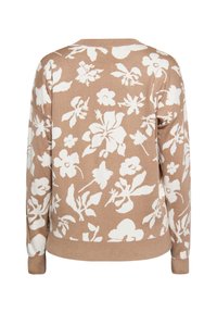 Maglione lavorato a maglia marrone con un motivo floreale bianco, maniche lunghe e colletto rotondo, con polsini e orlo a coste.