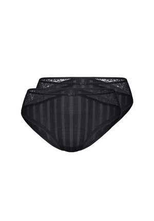 Zwei schwarze Damen-Slips mit gestreiftem Stoff und Spitzenverzierung am Bund, dargestellt vor weißem Hintergrund.