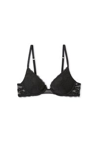 Reggiseno in pizzo nero a forma triangolare, con bordi ondulati, spalline regolabili e dettagli in tessuto testurizzato.