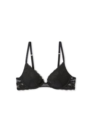 Black lace bra with a triangular shape, featuring scalloped edges, adjustable straps, and textured fabric details.
