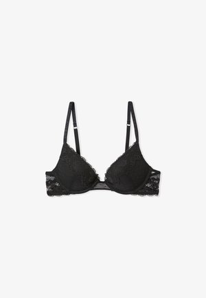 Black lace bra with a triangular shape, featuring scalloped edges, adjustable straps, and textured fabric details.