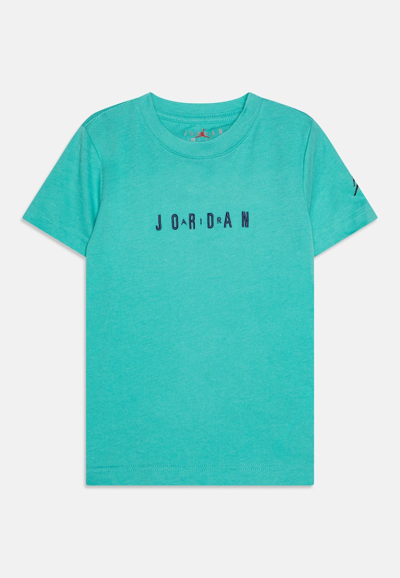 Turquoise cotton t-shirt with short sleeves, featuring embroidered "JORDAN" text in dark blue across the front. Round neckline, standard fit.