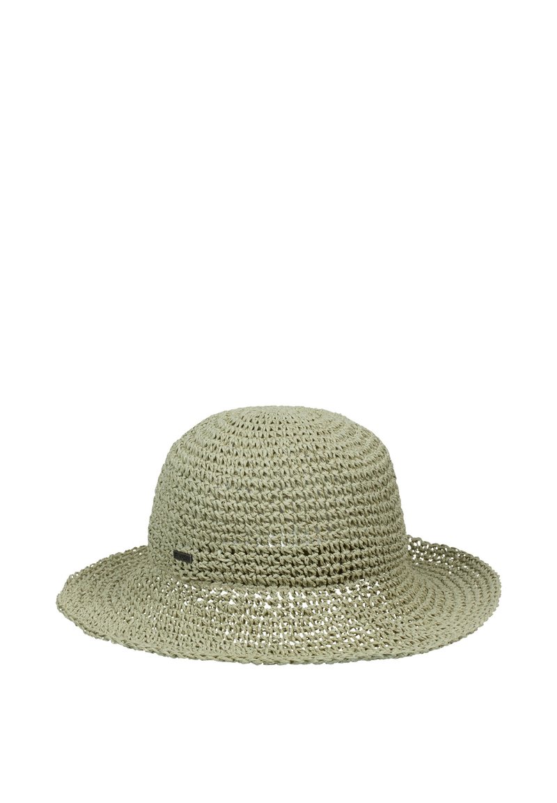 Light green woven straw hat with a wide brim and rounded crown, featuring a small black logo accent. Textured, breathable design.