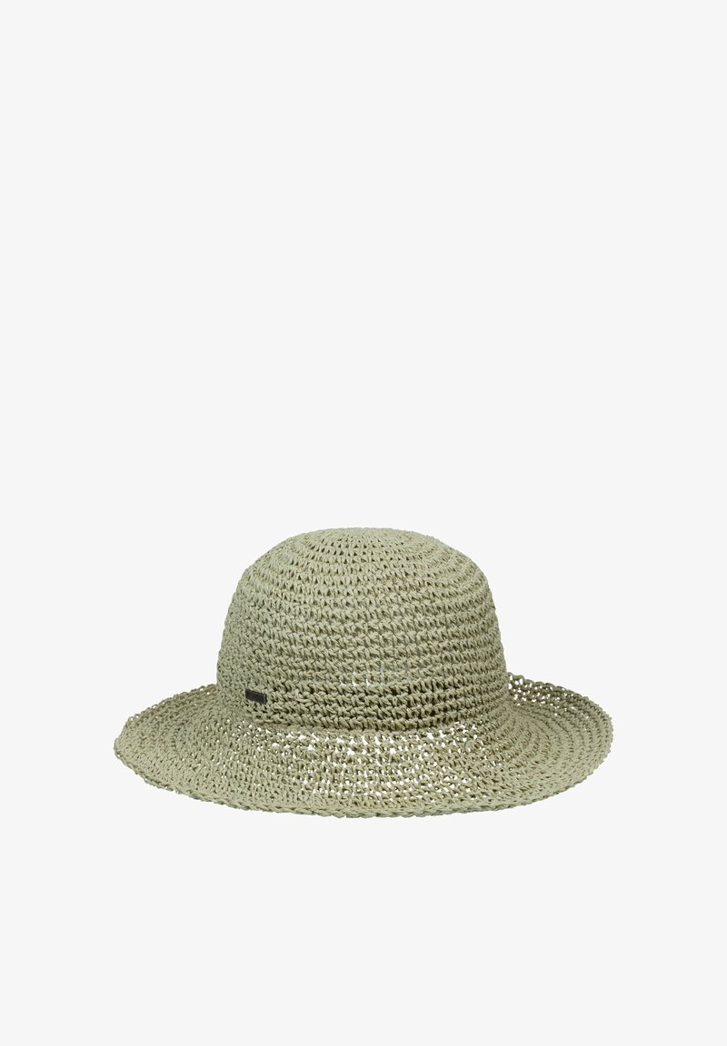 Light green woven straw hat with a wide brim and rounded crown, featuring a small black logo accent. Textured, breathable design.