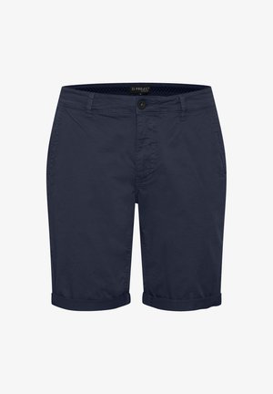 Marineblauwe shorts van lichtgewicht stof met een knoopsluiting, opgerolde boorden en zijzakken; gladde textuur en op maat gemaakt ontwerp.