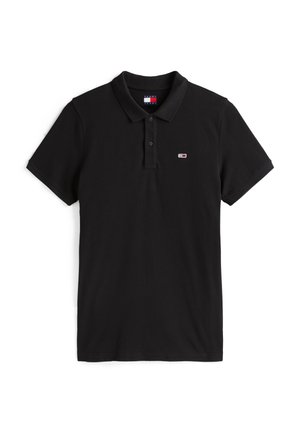 Crna pamučna polo majica s klasičnim ovratnikom, tri gumba i malim vezom logotipa na lijevoj strani prsnog koša.