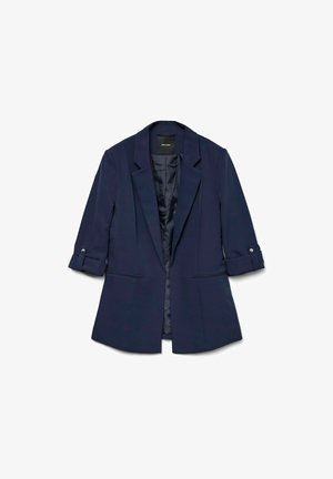 Navy blazer with long sleeves, rolled cuffs, two front pockets, notch lapel, and smooth interior lining. Simple design with no patterns.