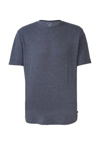 Marineblaue T-Shirt aus einem weichen, leichten Stoff. Standard Rundhals, kurze Ärmel, gerader Saum, minimale Markierung auf der Rückseite.