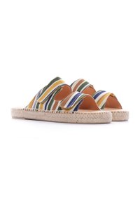 Ciabatte espadrillas a righe con strisce verdi, gialle e blu, suola in corda di juta e design open toe con ritagli curvi.