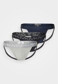 Drei Paar Herrenunterhosen in Grau, Marineblau und Schwarz. Jede hat einen elastischen Logo-Gummibund und ein glattes, körpernahes Design.