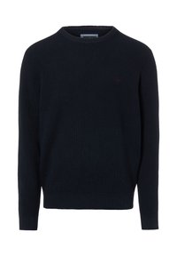 Dunkelblauer Strickpullover mit Rundhalsausschnitt, gerippten Bündchen und Saum. Mit einem dezenten Logo auf der Brust. Strukturierter Stoff mit angenehmem Sitz.