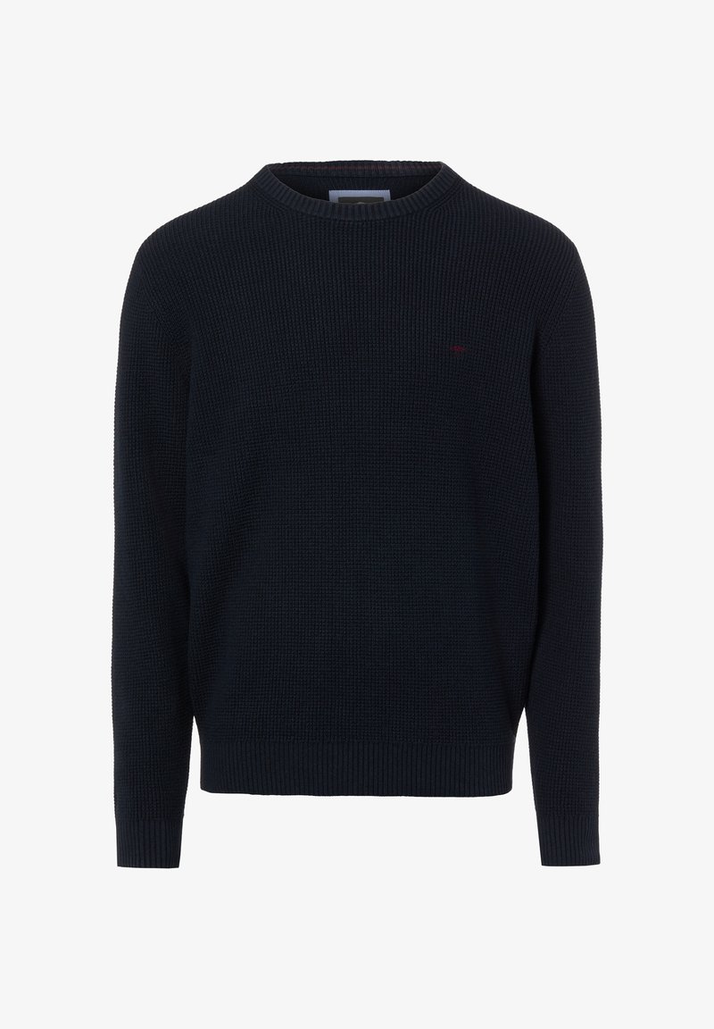 Dunkelblauer Strickpullover mit Rundhalsausschnitt, gerippten Bündchen und Saum. Mit einem dezenten Logo auf der Brust. Strukturierter Stoff mit angenehmem Sitz.