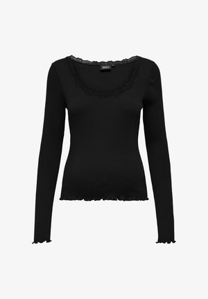 Top noir à manches longues avec texture côtelée, encolure ronde ornée d'une garniture en dentelle et ourlet volanté.