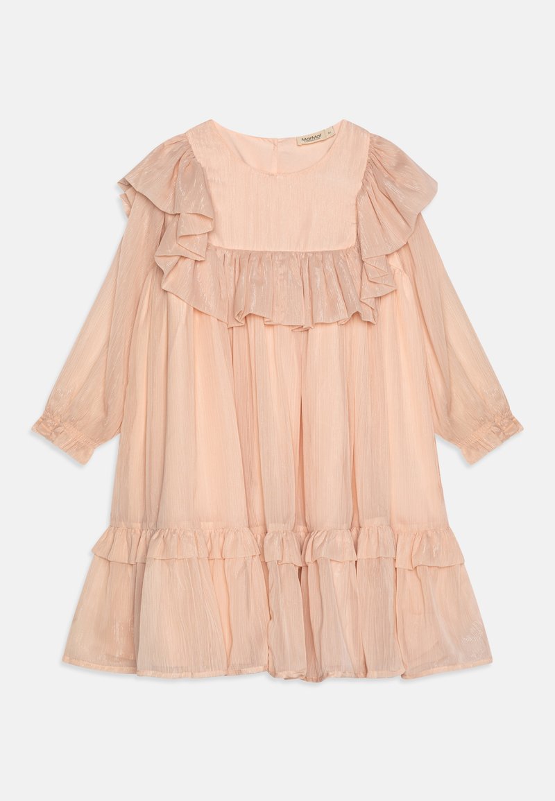 Light peach dress featuring a round neckline, ruffled sleeves, and tiered ruffle hem. Made from a sheer, textured fabric.