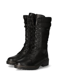 Bottes de cheville noires en cuir et en tissu avec un design haut, un laçage à l'avant, une semelle robuste et un col rembourré pour un confort et un soutien supplémentaires.