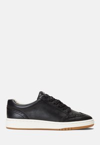 Black leather sneaker with rounded toe, lace-up design, perforated detailing, white midsole, and tan rubber outsole. Smooth texture throughout.